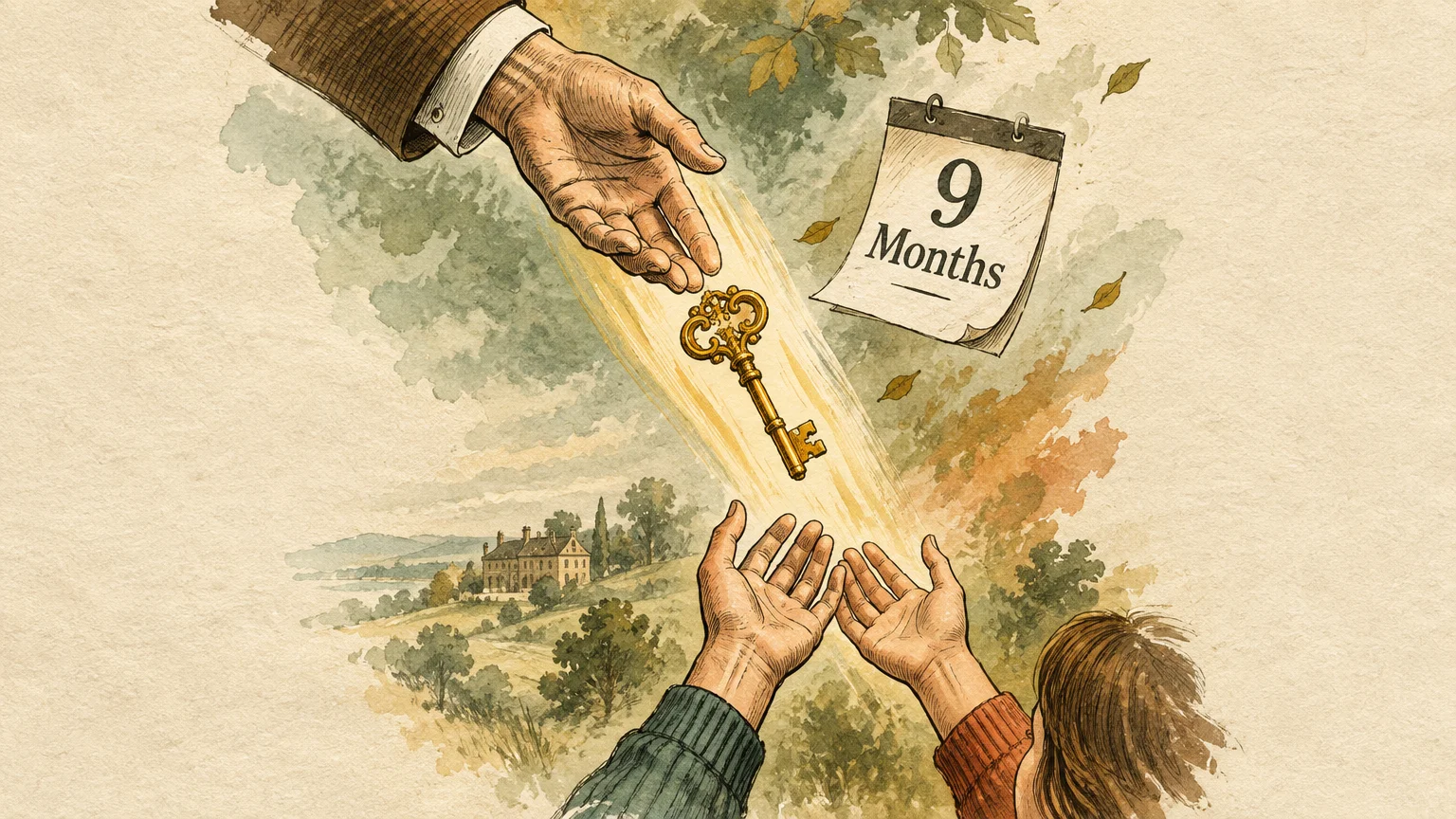 Illustration of an adult hand dropping a golden key to reaching hands below, beside a calendar page reading 9 Months.