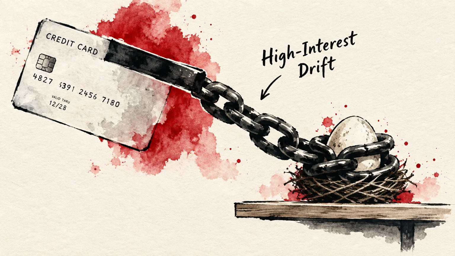 Watercolor illustration of a credit card chained to an egg in a nest, with red paint splatters in the background.