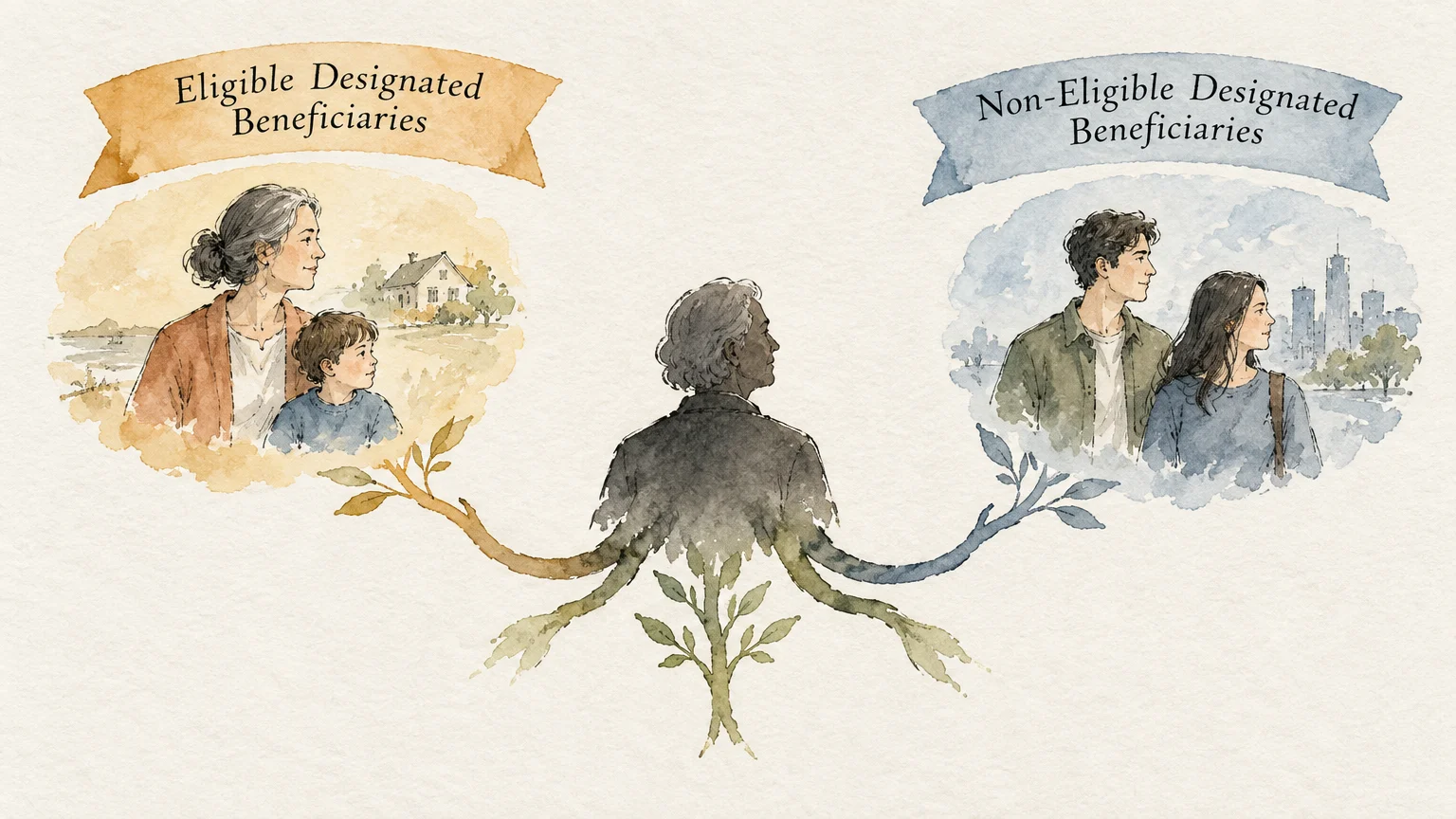 Watercolor diagram branching from a person to an older woman with a child and two adults, labeled with banners.