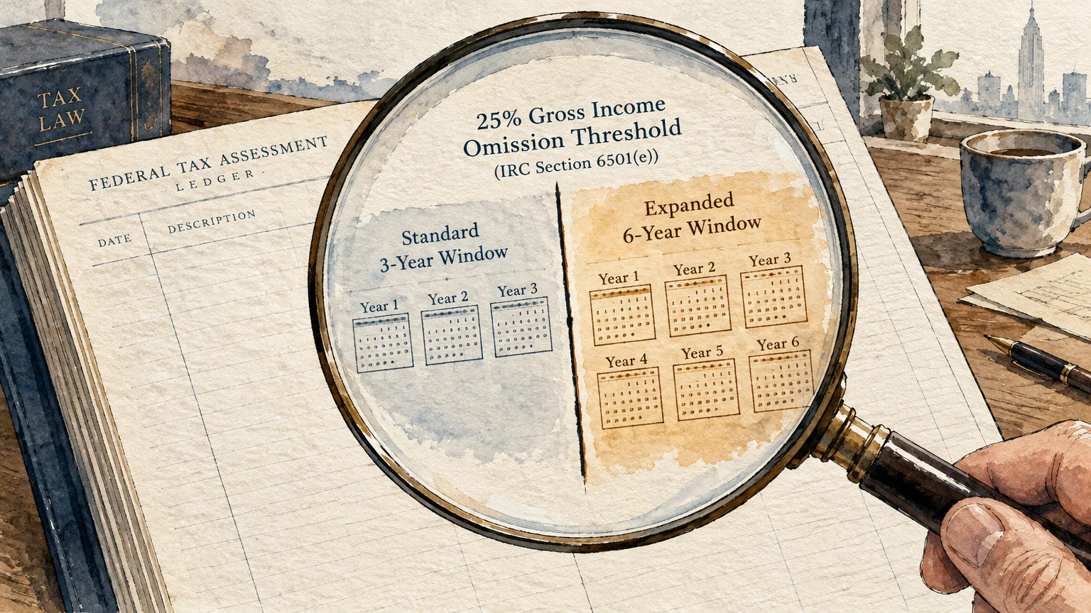 Watercolor illustration of a magnifying glass showing a standard 3-year audit window versus an expanded 6-year window over a ledger.