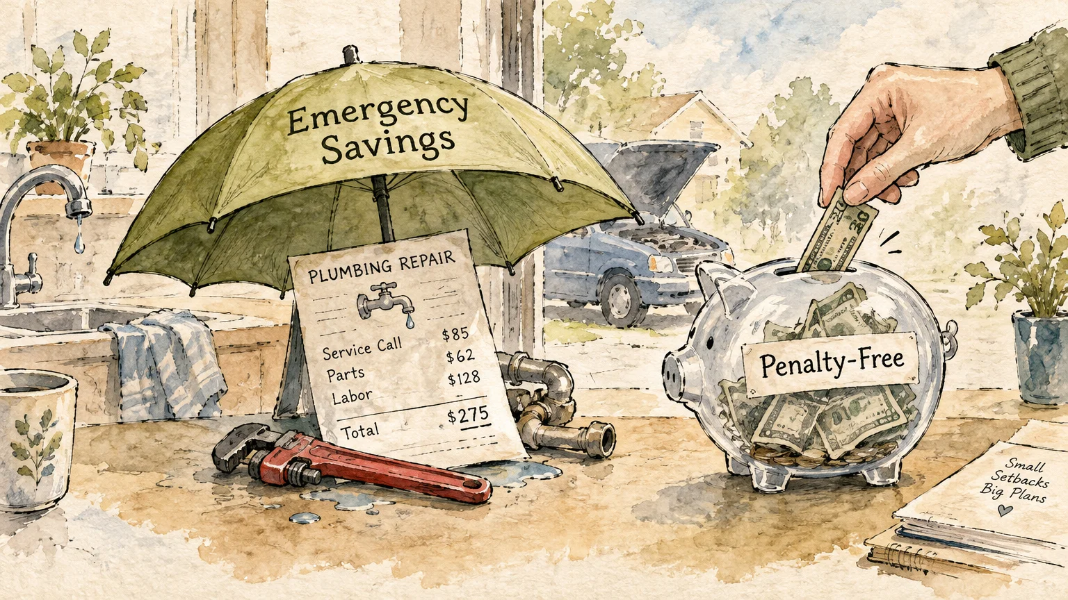 Illustration of an umbrella labeled Emergency Savings over a plumbing repair bill next to a piggy bank labeled Penalty-Free.
