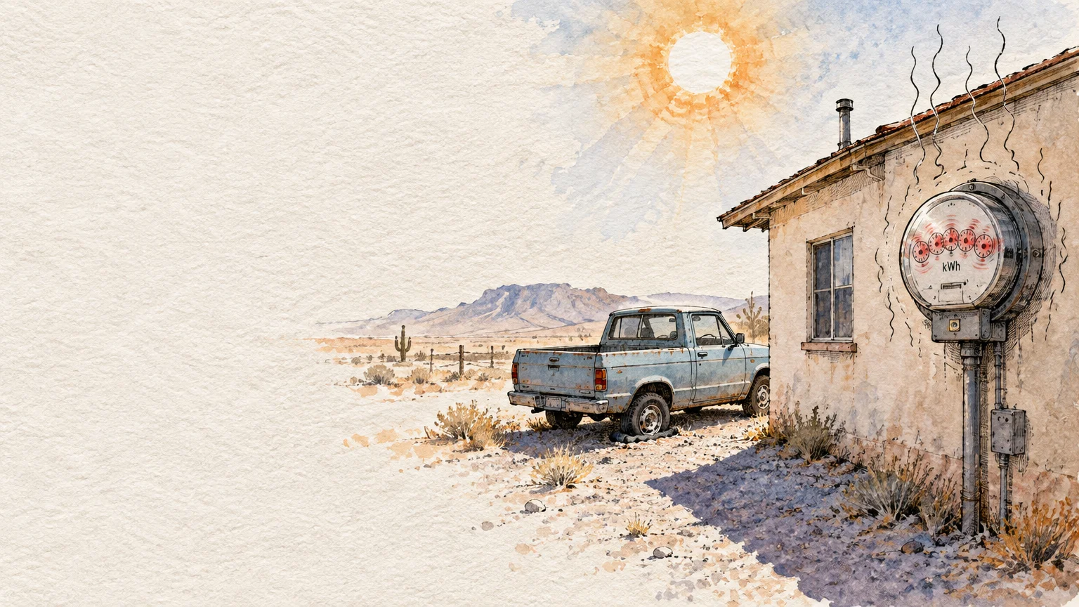 Watercolor illustration of a desert house with an electric meter beside an old pickup truck with a flat tire.