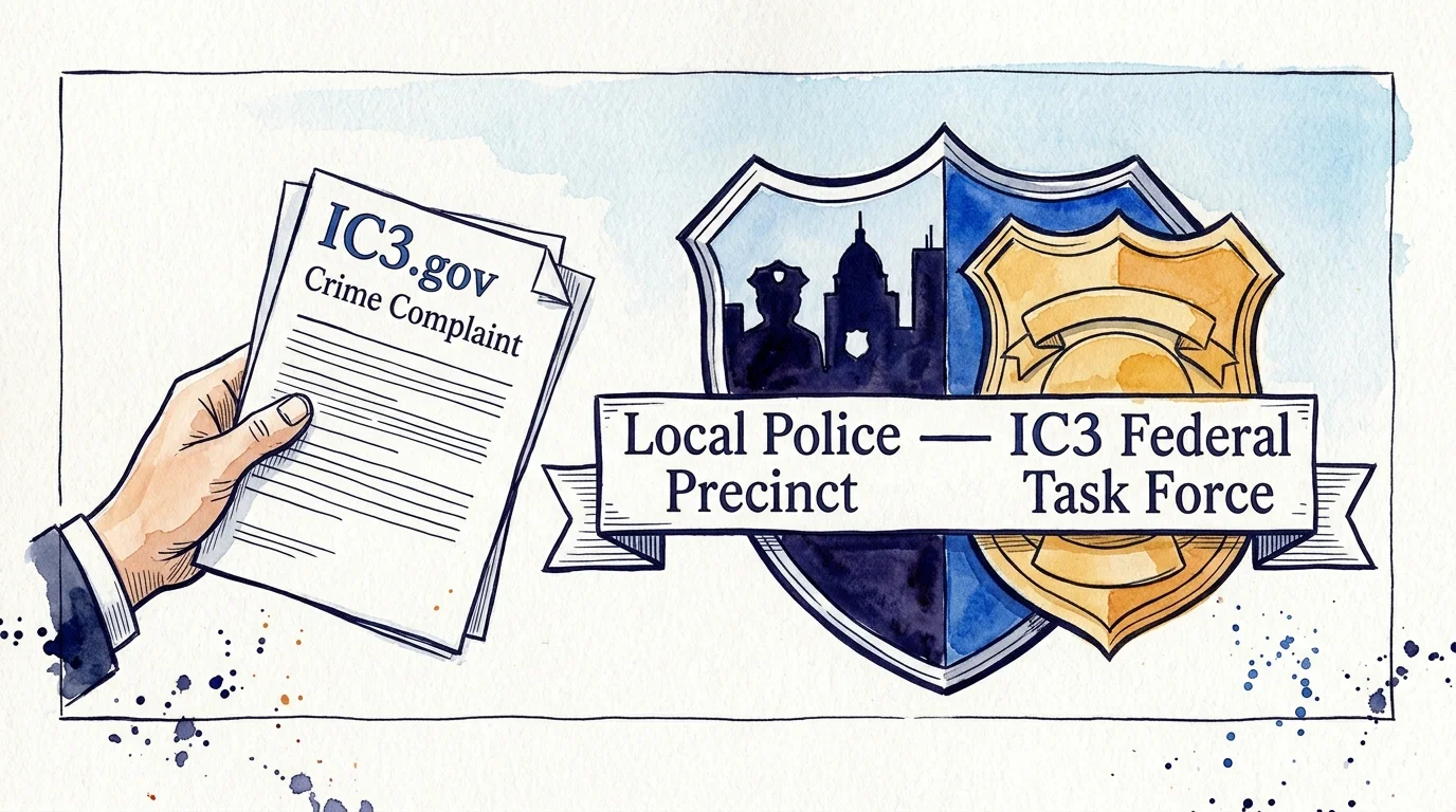 Hand holding an IC3.gov crime complaint next to police shields labeled Local Police Precinct and IC3 Federal Task Force.