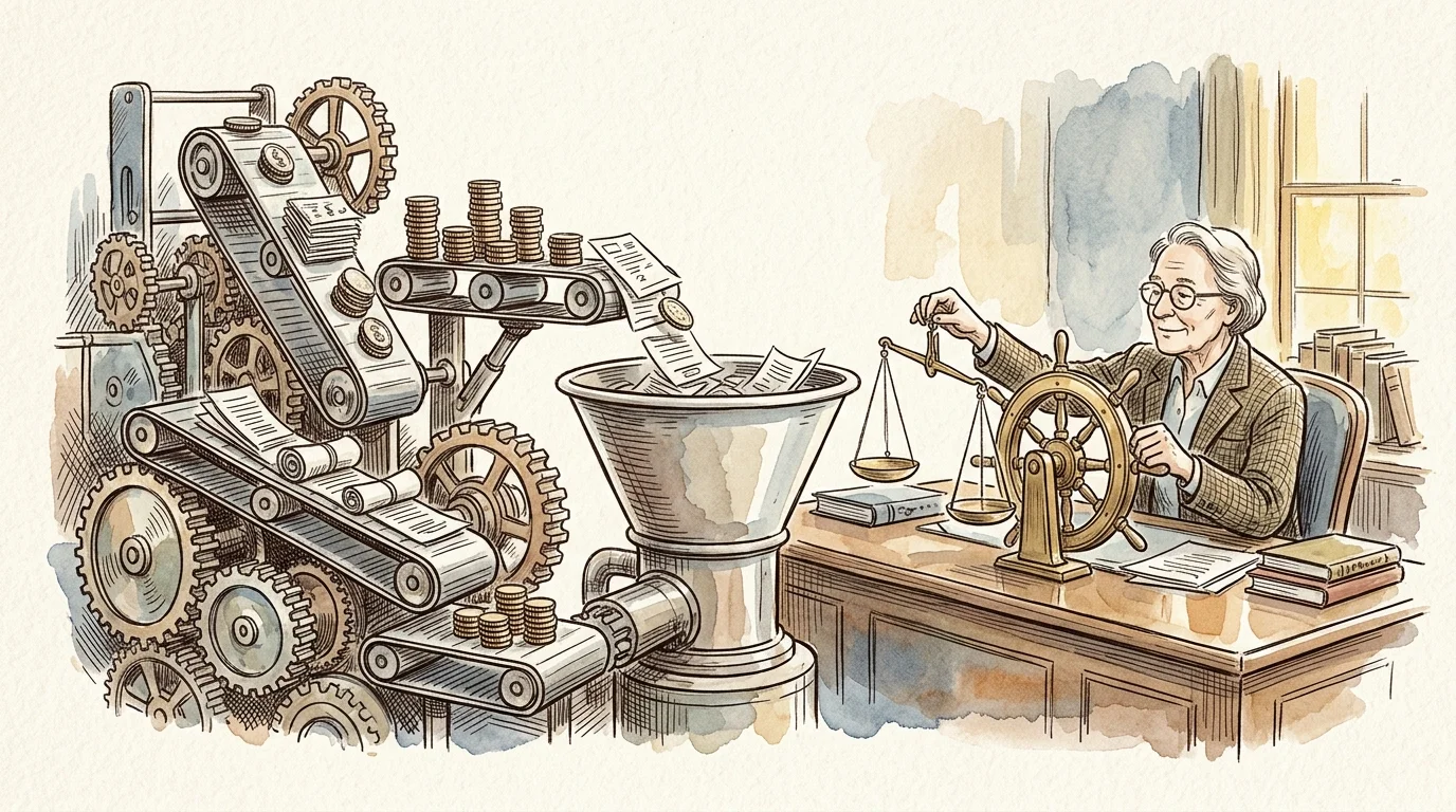 Watercolor illustration of a person at a desk steering a wheel and balancing scales beside a conveyor machine sorting coins.