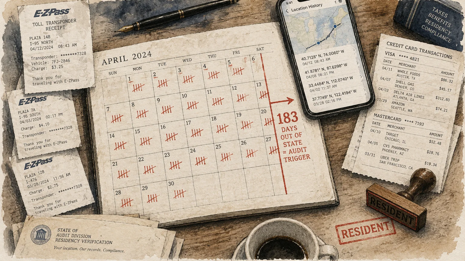 Calendar with tally marks alongside toll receipts, credit card statements, a smartphone, and a resident stamp.