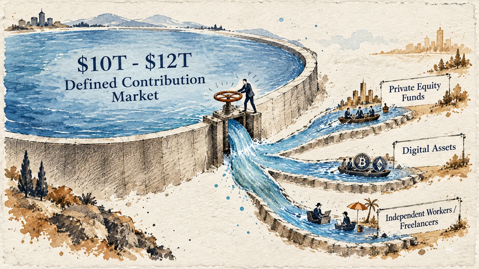 Illustration of a reservoir labeled defined contribution market opening floodgates into three descending water channels.