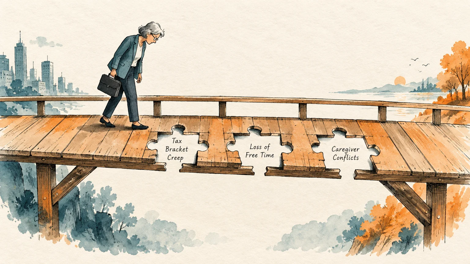 Woman with a briefcase walks across a wooden bridge with puzzle-shaped gaps labeled with return-to-work challenges.