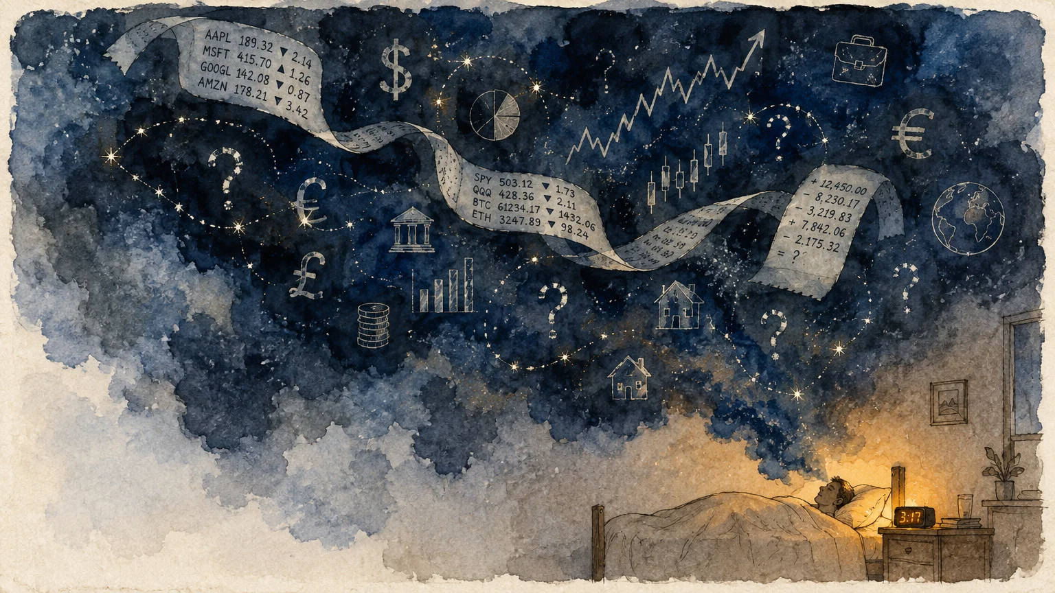 Illustration of a person sleepless in bed at night, dreaming of stock tickers, financial charts, and question marks.