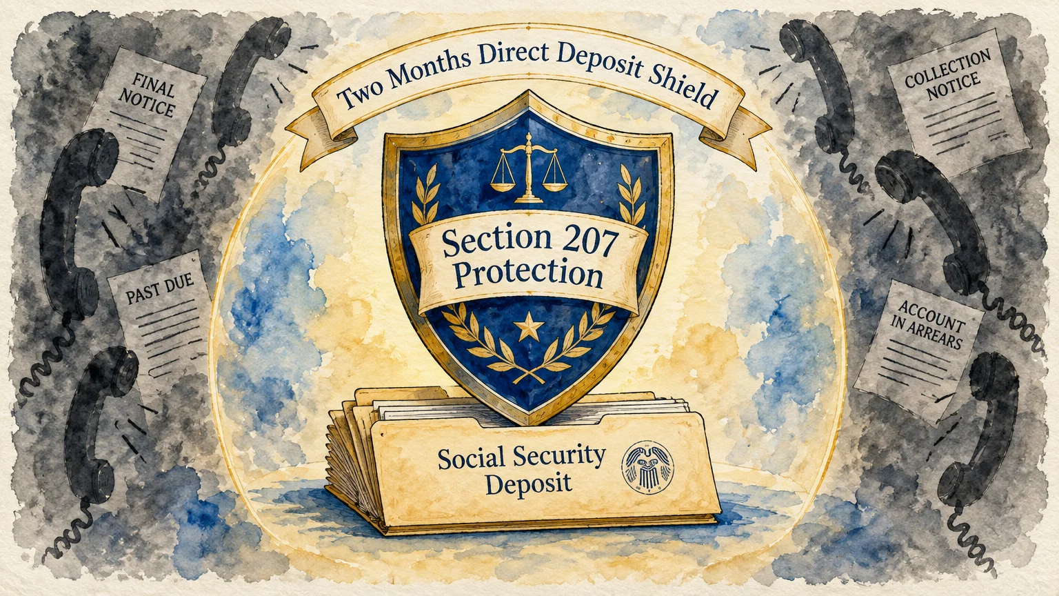 Illustration of a blue Section 207 shield protecting a Social Security deposit folder from ringing phones and past-due notices.