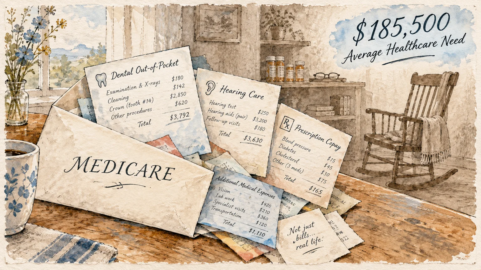 Watercolor illustration of out-of-pocket medical bills spilling from a Medicare envelope next to a rocking chair.