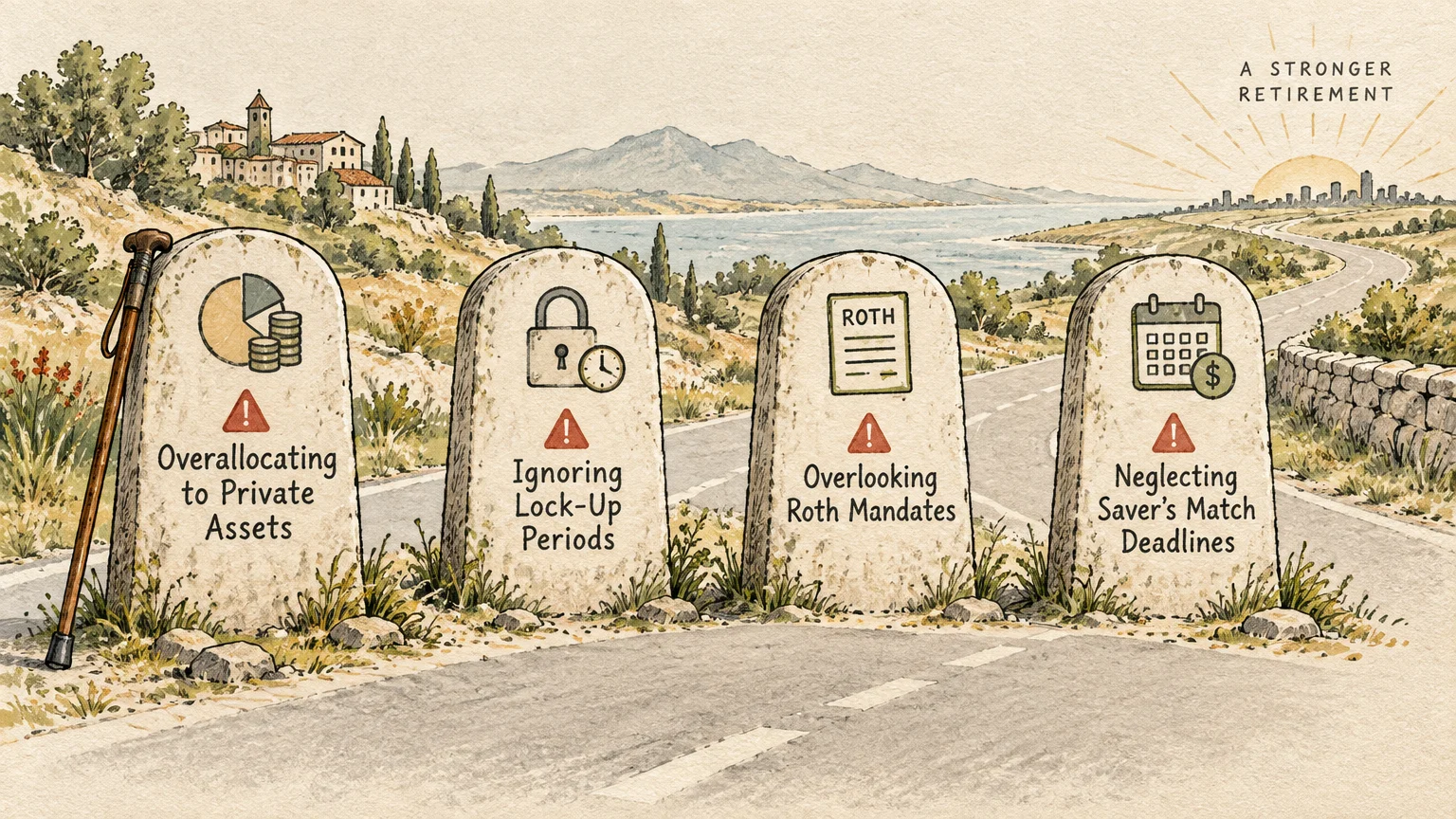Four stone milestones blocking a scenic coastal road, marked with retirement warning icons and mistake labels.