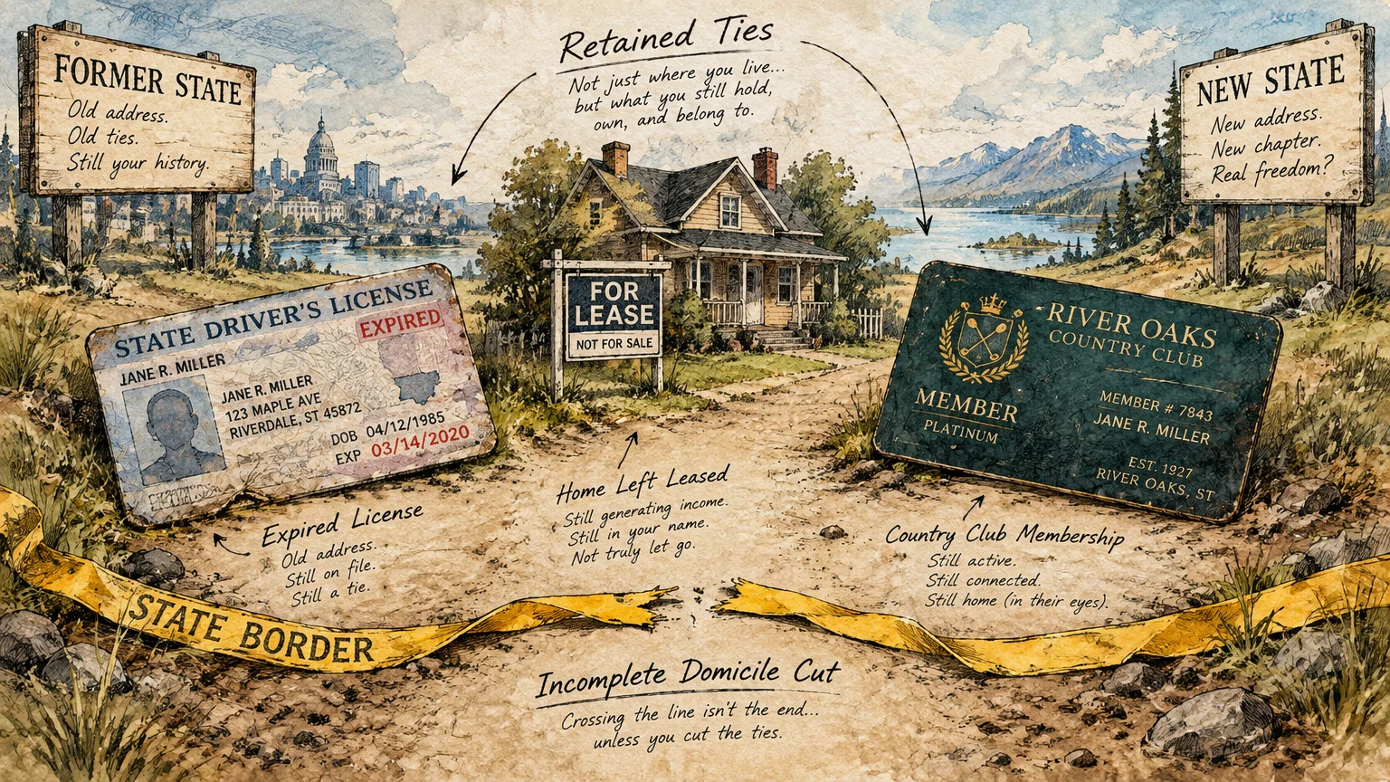 Illustration of a dirt road crossing a state border, flanked by a driver's license and a country club card.