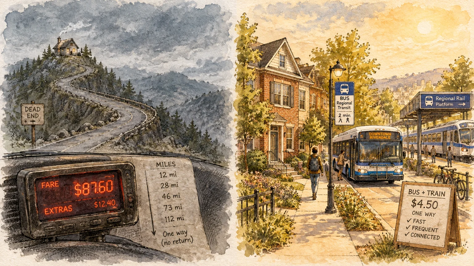 Split illustration contrasting an expensive remote taxi ride on a mountain road with affordable public transit in a town.