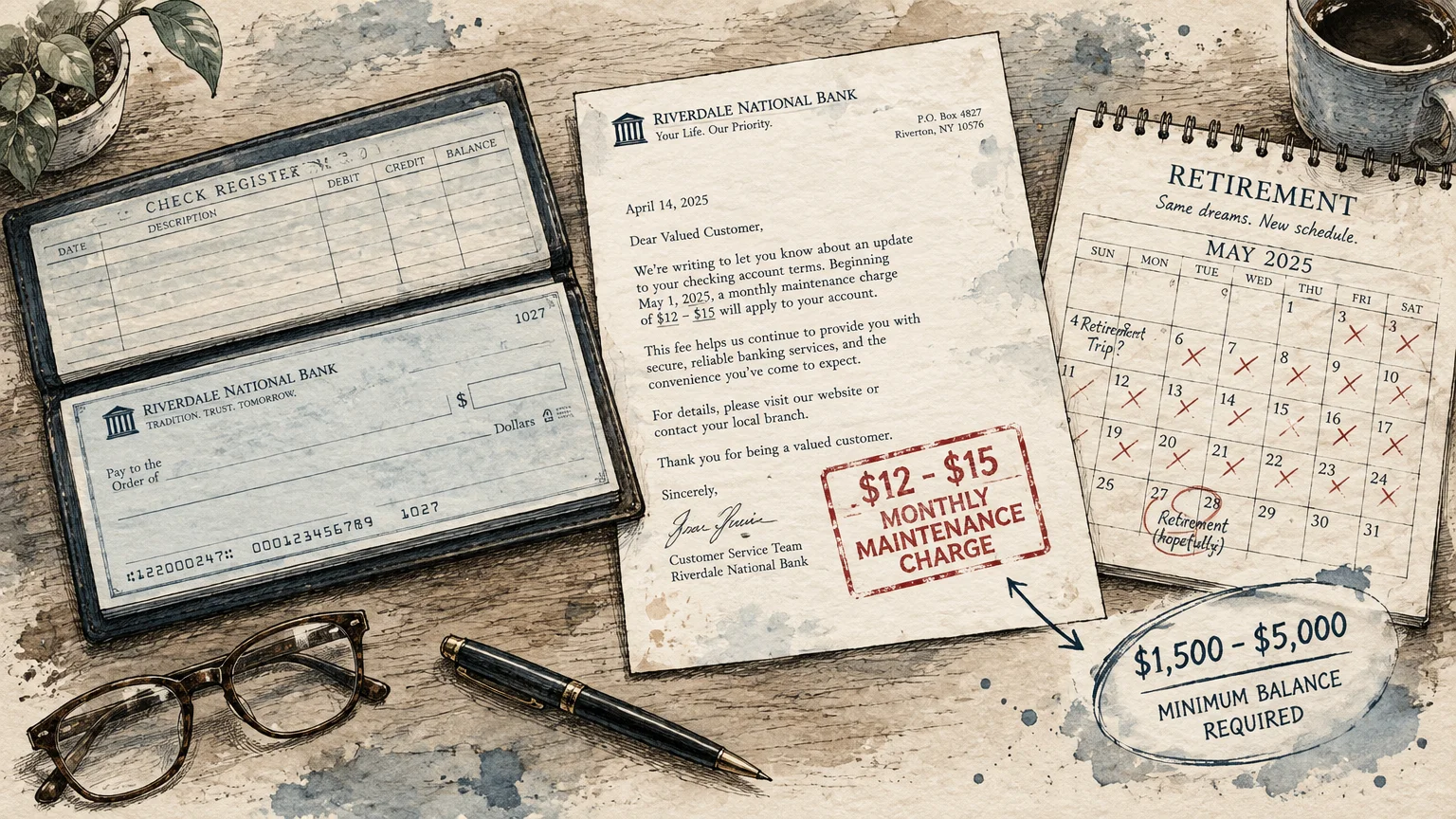 Ink illustration of a bank fee letter, checkbook, pen, glasses, and retirement calendar on a wooden desk.