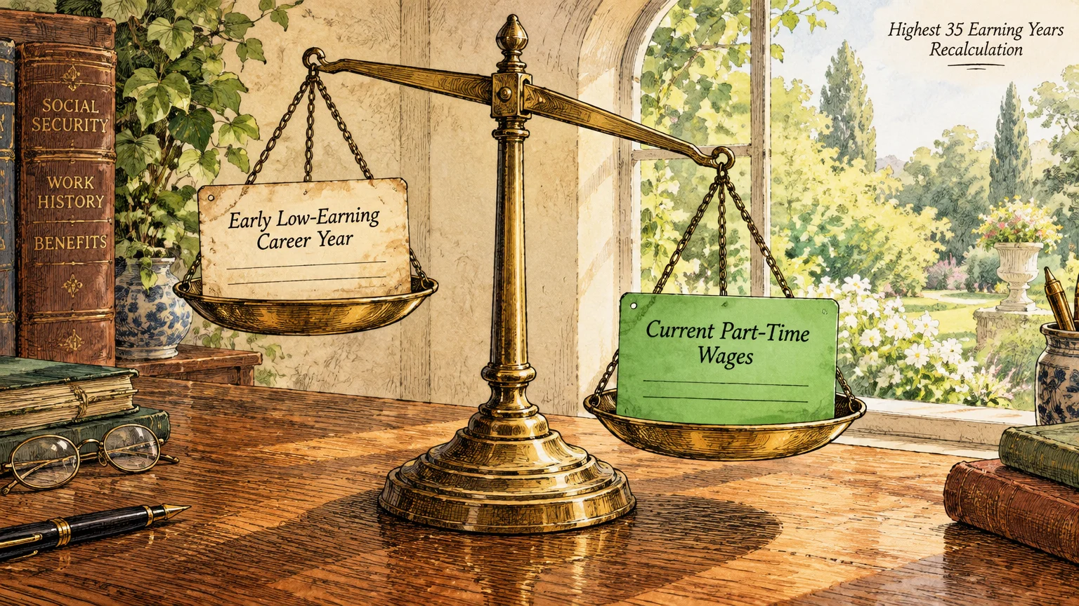 Brass balance scale on a desk weighing cards labeled Early Low-Earning Career Year and Current Part-Time Wages.