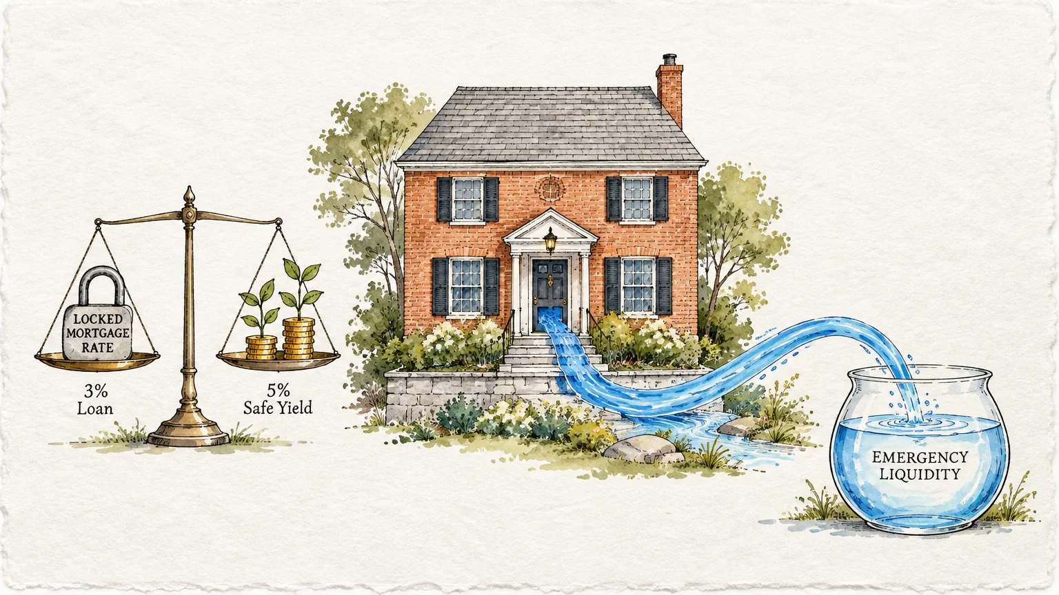 Illustration of a brick house, a scale weighing a locked rate against safe yield, and water flowing into a liquidity bowl.