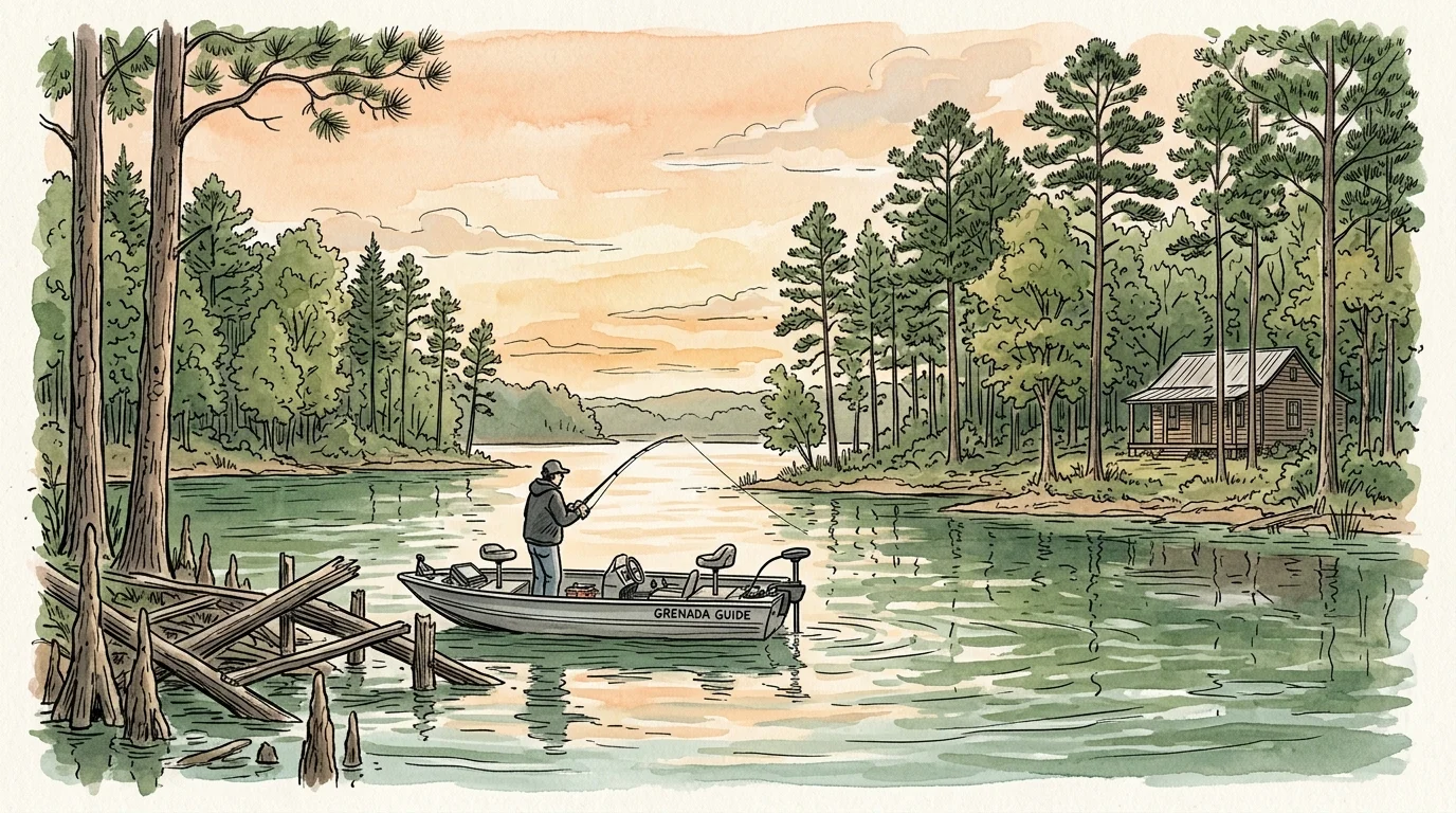 Watercolor illustration of a fisherman in a boat on a calm lake surrounded by pine trees and a cabin at sunset.