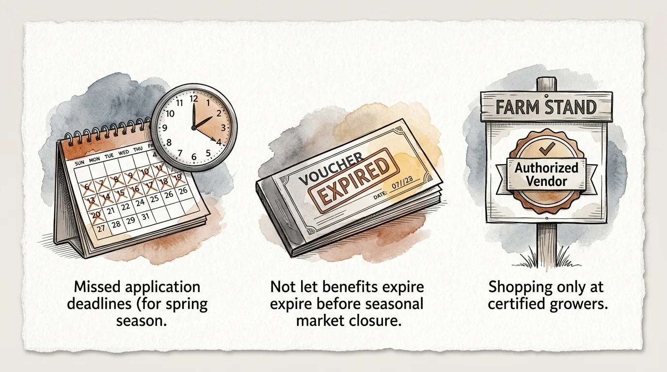 Three watercolor illustrations showing a calendar with a clock, an expired voucher booklet, and a farm stand vendor sign.
