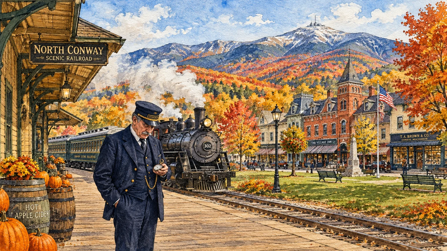 Watercolor illustration of a train conductor checking a watch beside a steam engine in a scenic autumn mountain village.