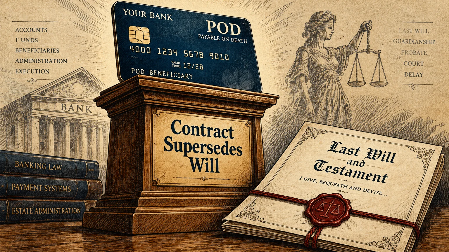 Debit card marked POD on a pedestal reading Contract Supersedes Will next to a sealed Last Will and Testament document.