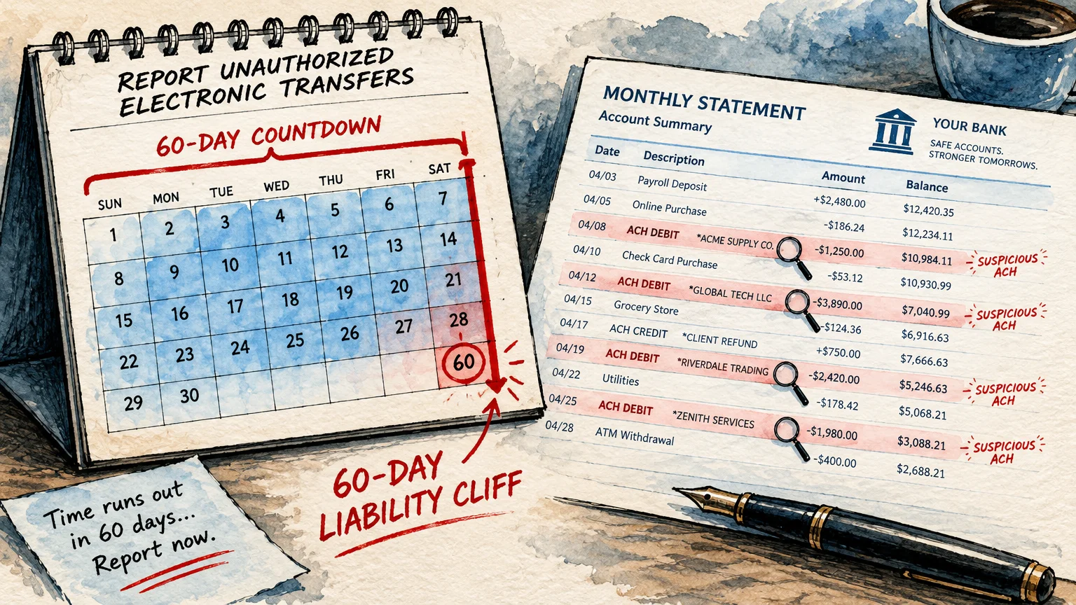 Desk illustration with a calendar marking a 60-day countdown beside a monthly bank statement showing suspicious ACH debits.