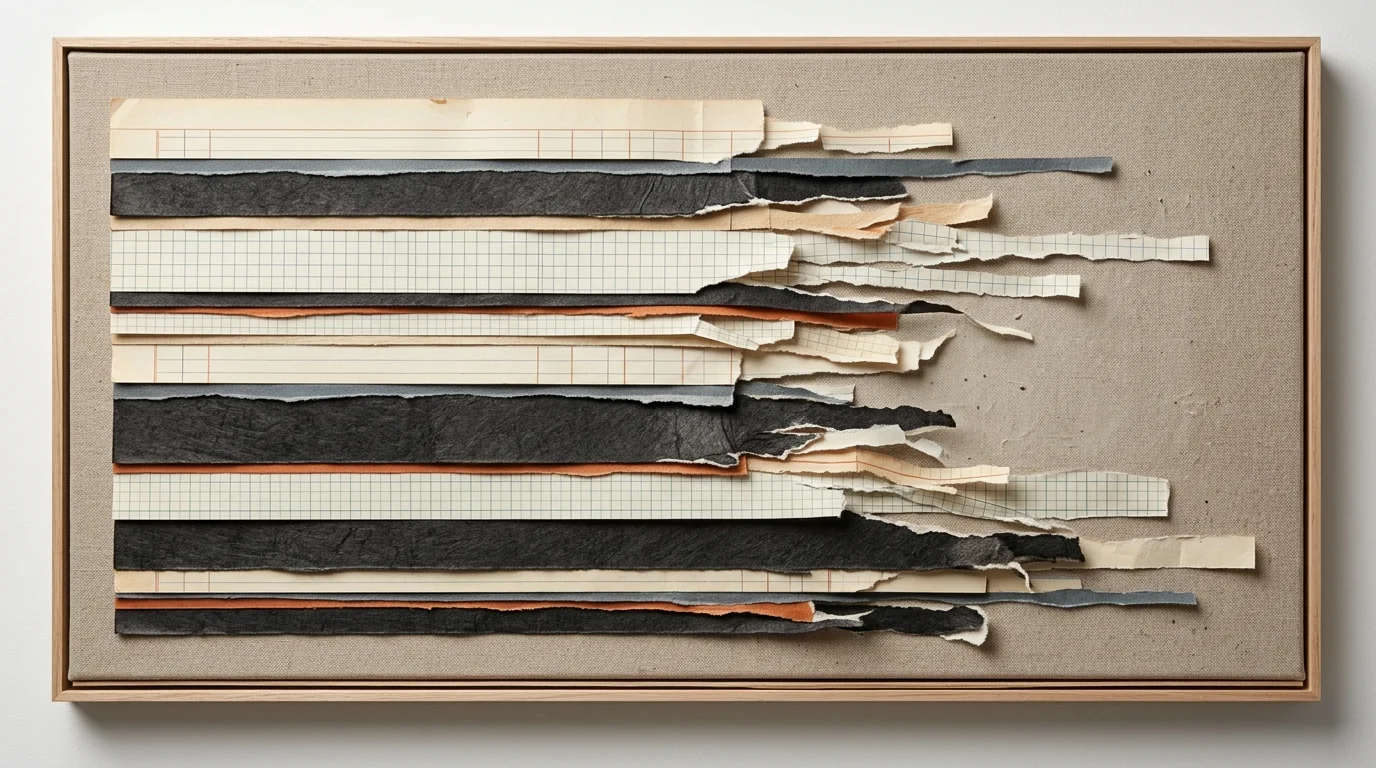 Framed collage of layered, torn strips of ledger and graph paper mounted horizontally on a canvas board.