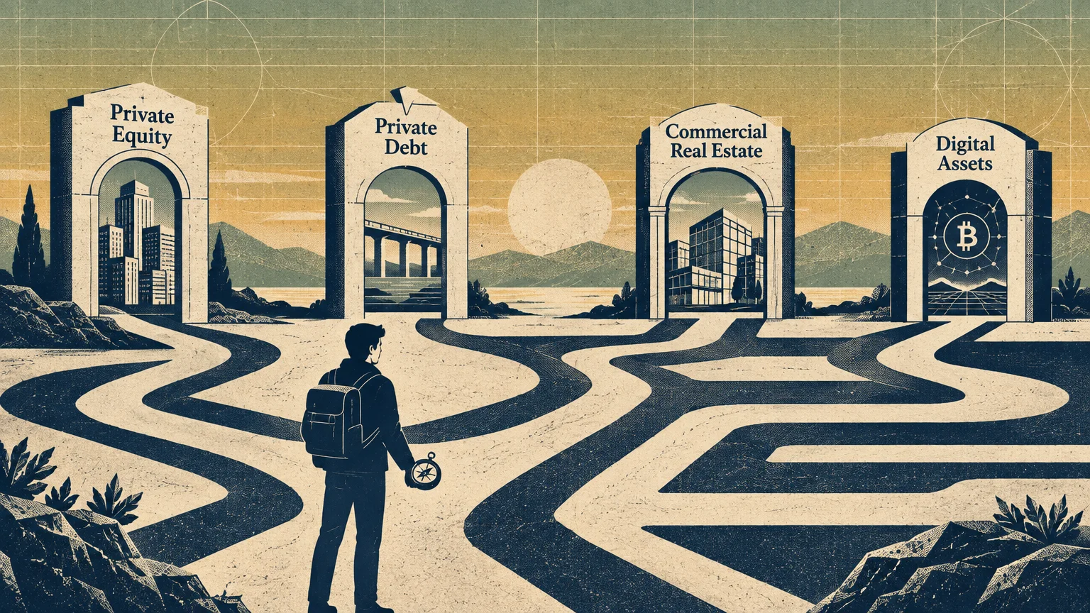 Illustration of a person with a compass facing four stone archways labeled Private Equity, Private Debt, Real Estate, and Digital.