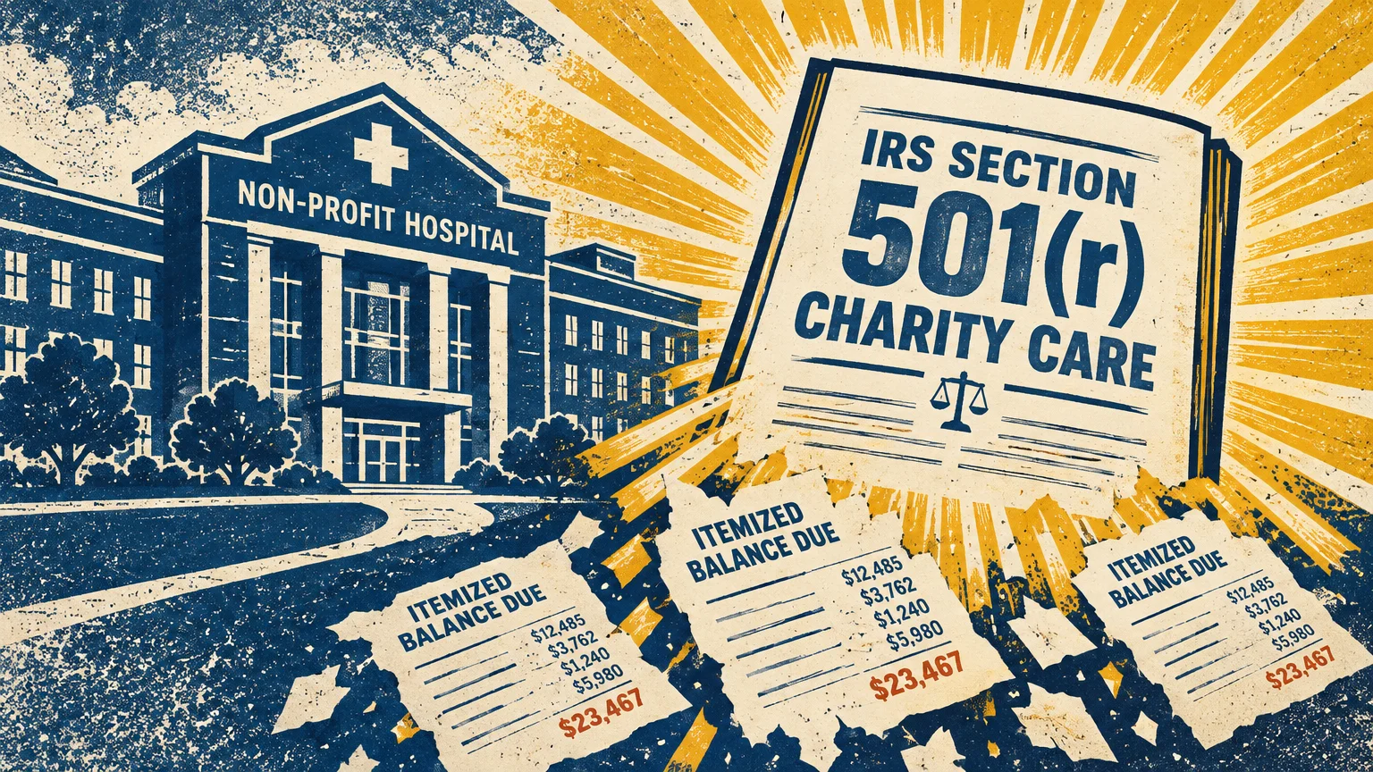 Illustration of a nonprofit hospital, a book titled IRS Section 501(r) Charity Care, and torn itemized balance due bills.