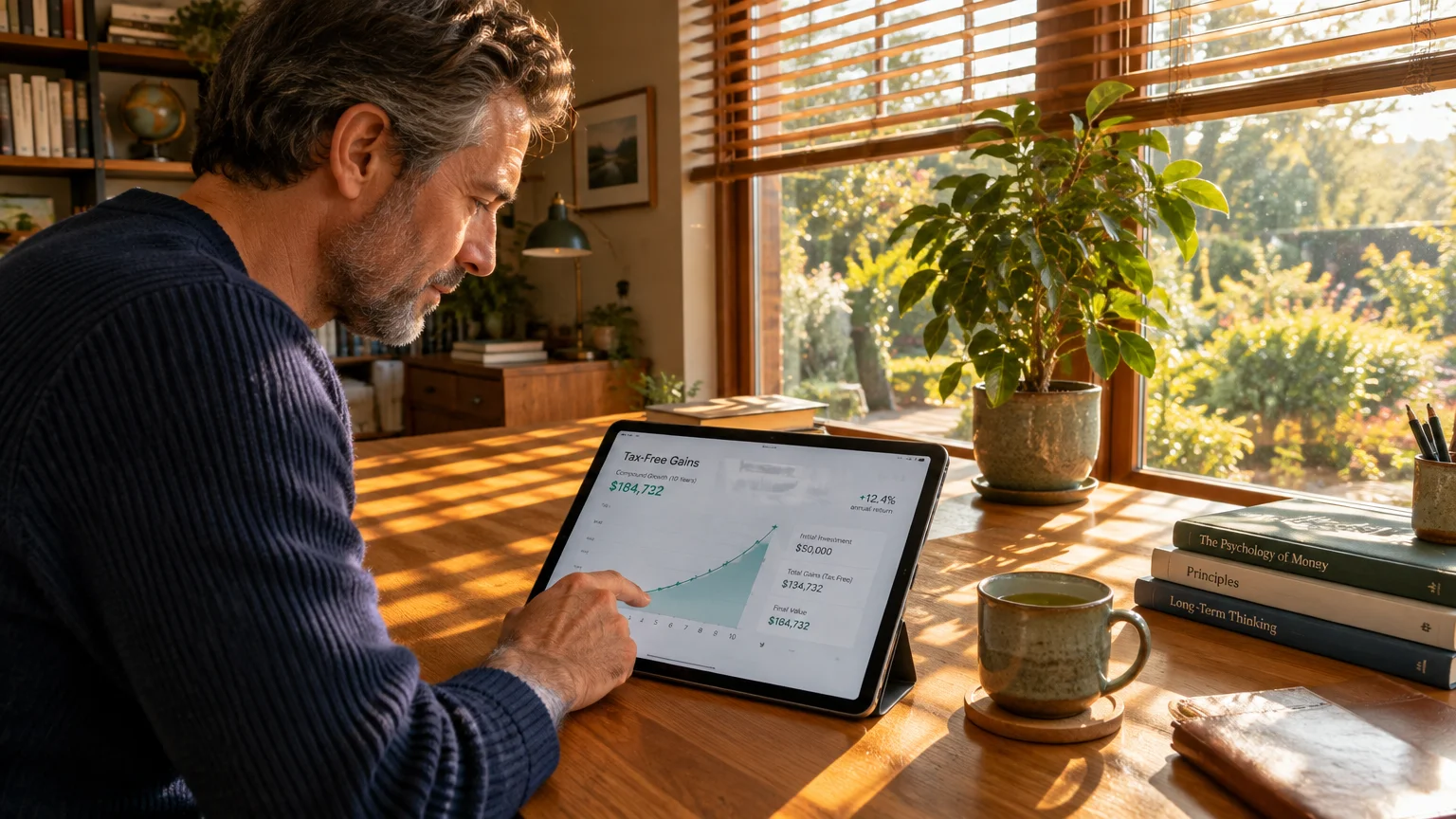 A man at a sunlit wooden desk reviews a compound growth chart titled "Tax-Free Gains" on a tablet.