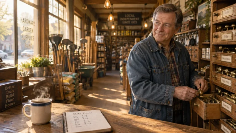 An older man in a denim jacket organizes hardware behind a store counter beside a shift schedule notebook.