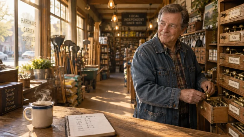 An older man in a denim jacket organizes hardware behind a store counter beside a shift schedule notebook.