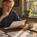 A man sits at a wooden table in a sunlit kitchen, looking down intently at a financial document.