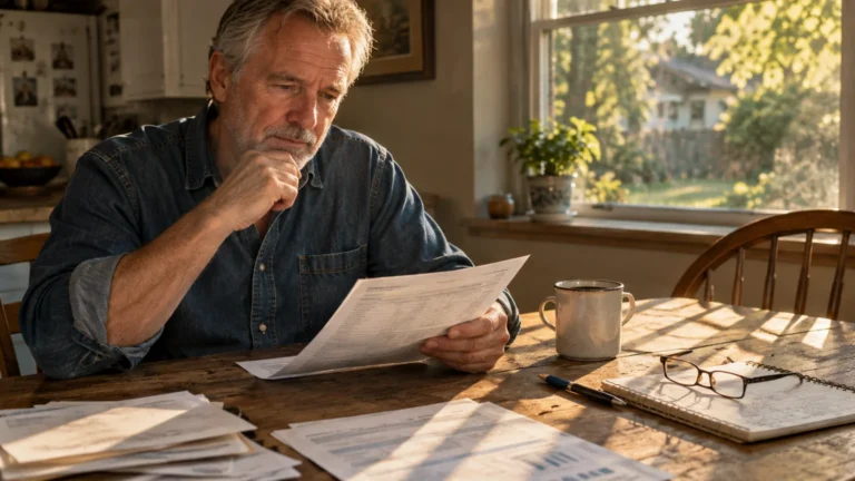 A man sits at a wooden table in a sunlit kitchen, looking down intently at a financial document.