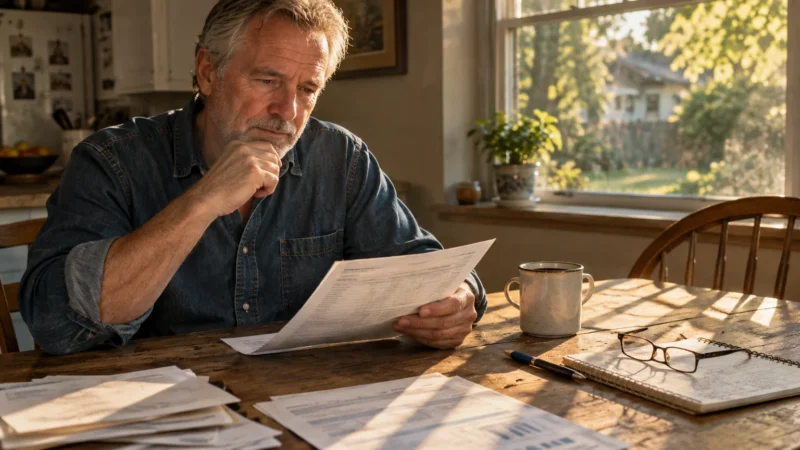A man sits at a wooden table in a sunlit kitchen, looking down intently at a financial document.