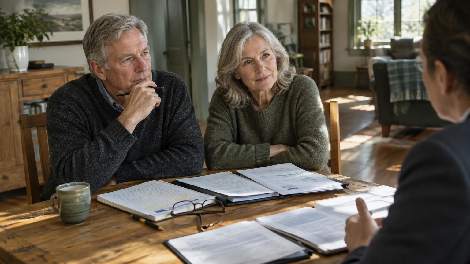 Senior couple sitting at a wooden table with open documents, listening attentively to an advisor speaking across from them.