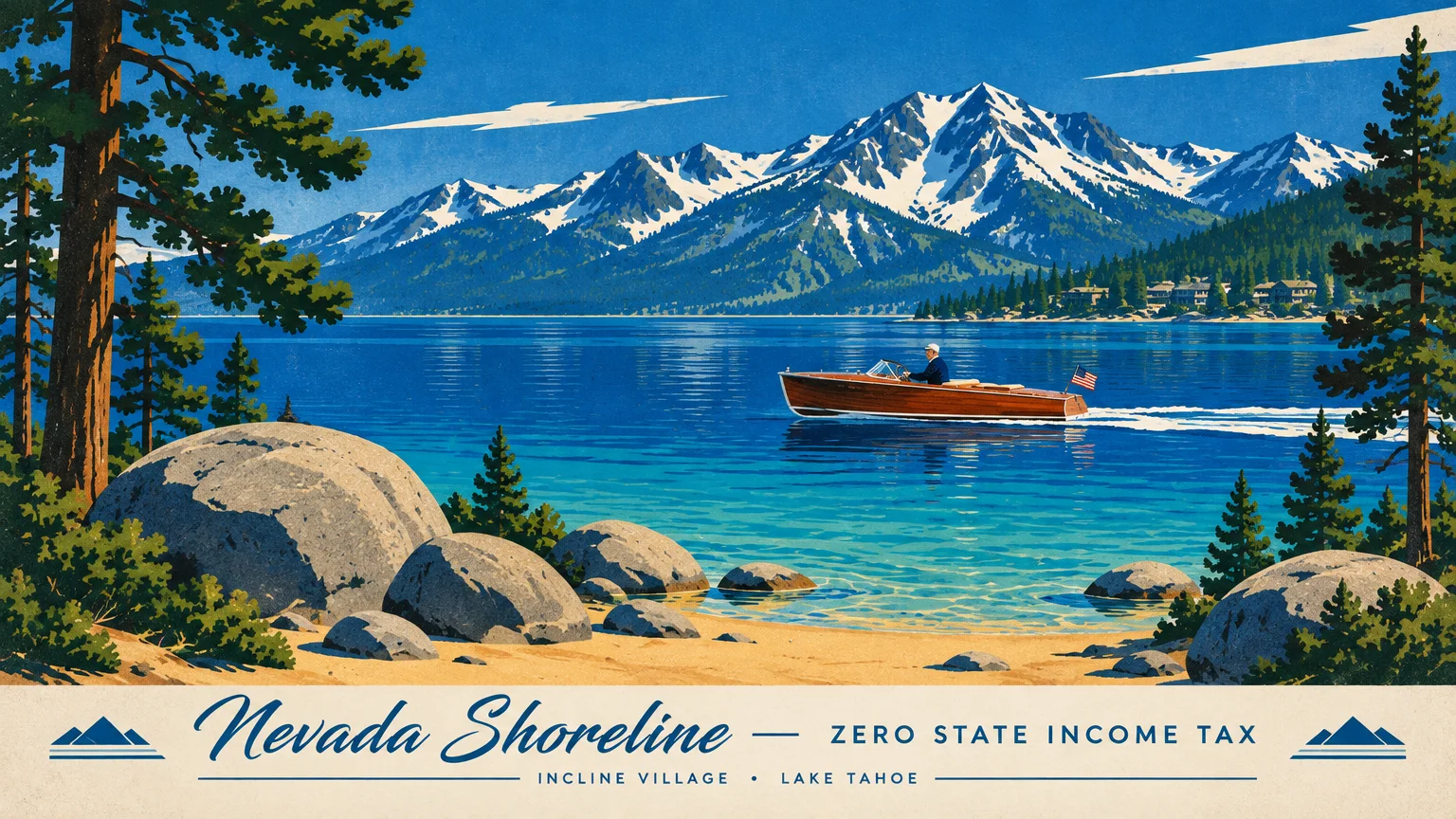 Retro travel poster illustration of a wooden boat cruising on clear blue Lake Tahoe before snowcapped mountains.