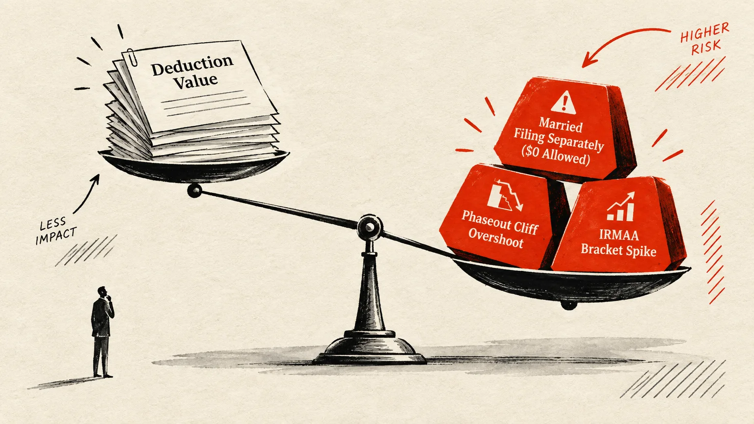 Illustration of a balance scale with tax papers outweighed by three red weights labeled with filing mistakes and risks.