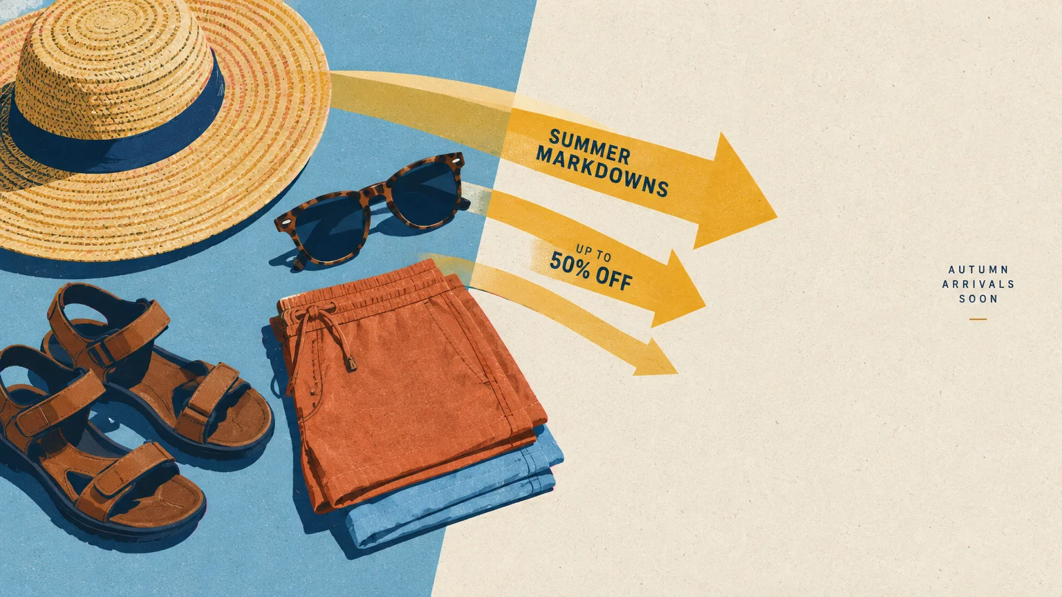 Illustration of a straw sun hat, sunglasses, sandals, and folded shorts with yellow arrows reading summer markdowns.