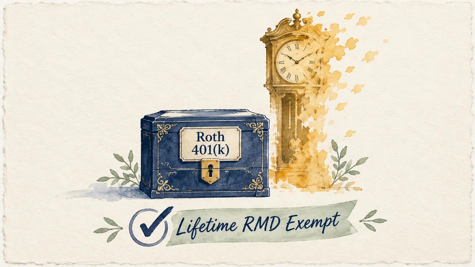 Watercolor illustration of an ornate blue chest labeled Roth 401(k) beside a grandfather clock dissolving into paint.