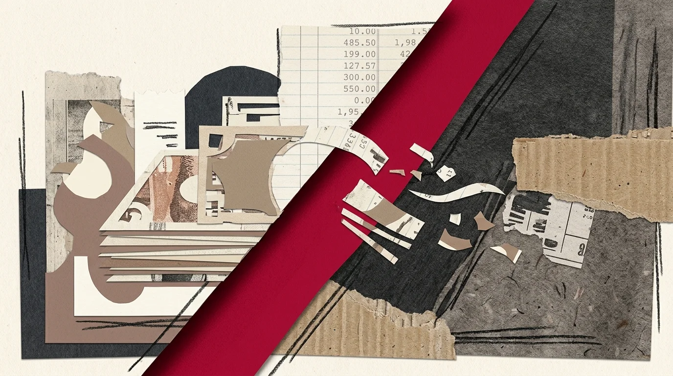 Abstract paper collage featuring torn banknotes, ledger sheets, cardboard textures, and a bold red diagonal stripe.
