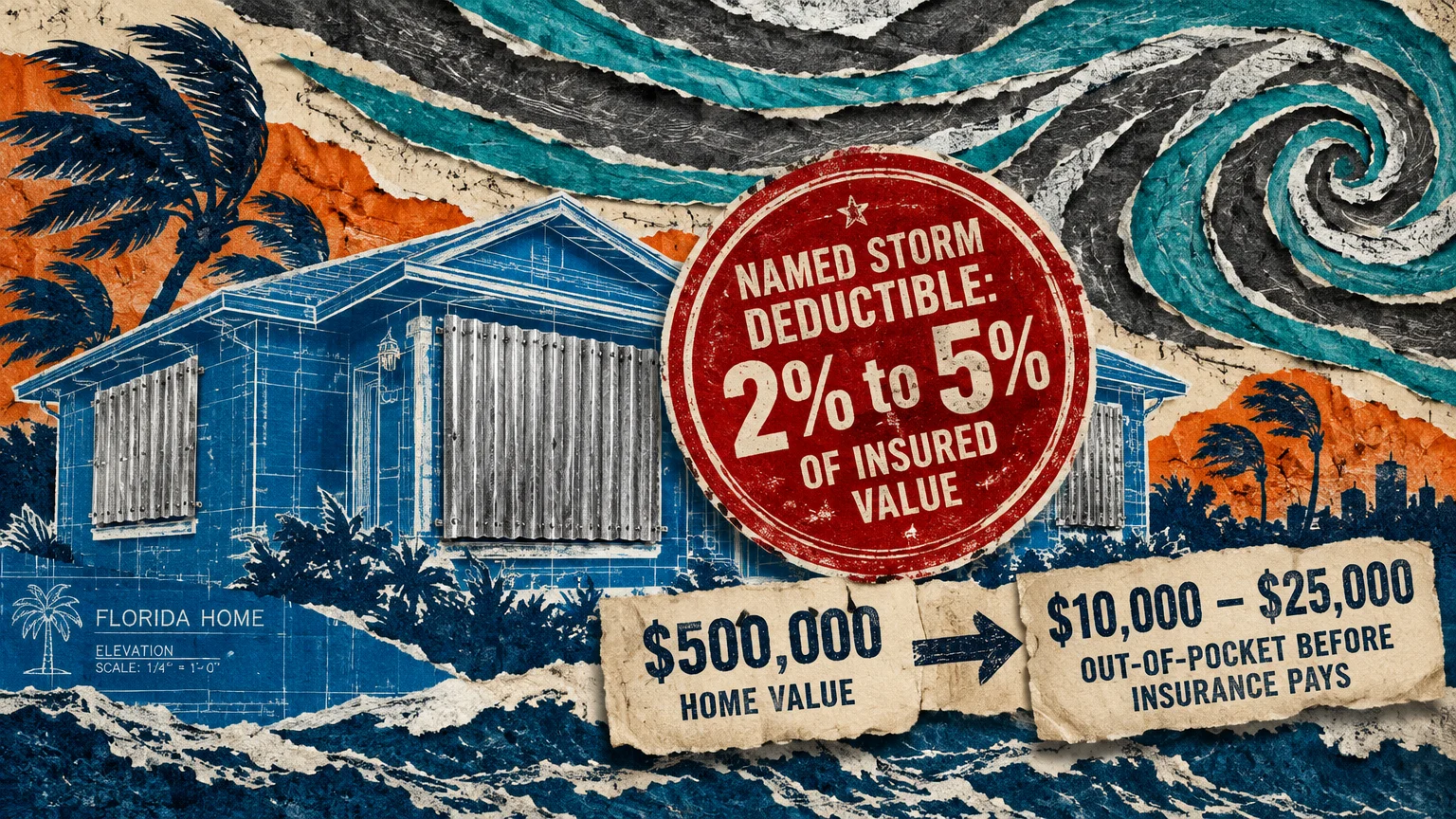 Mixed-media collage of a boarded Florida house blueprint with graphics detailing a 2% to 5% hurricane deductible.