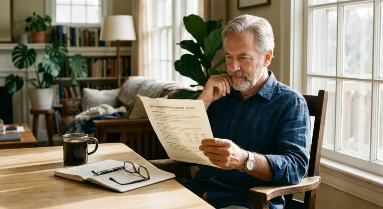 A senior man sitting at a wooden table examines an investment portfolio document next to a notebook and coffee mug.