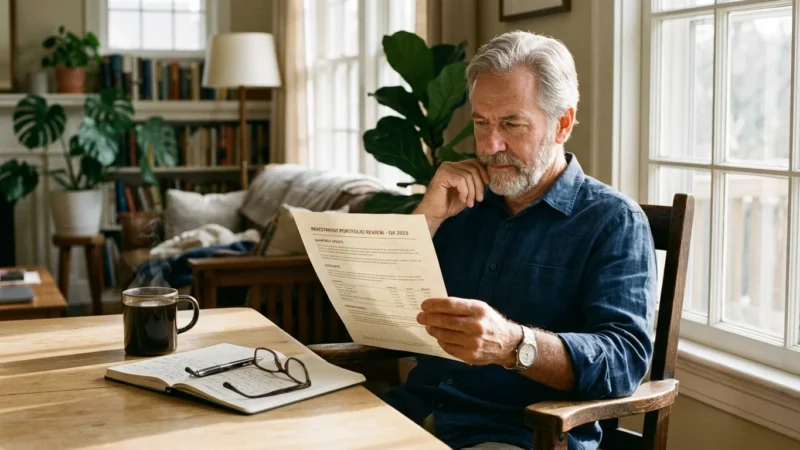 A senior man sitting at a wooden table examines an investment portfolio document next to a notebook and coffee mug.