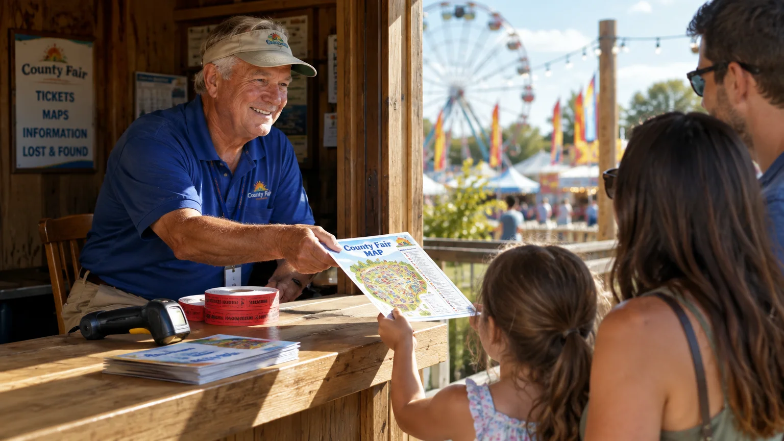 A smiling senior man in a booth hands a county fair map to a young girl and her family, with a Ferris wheel behind.