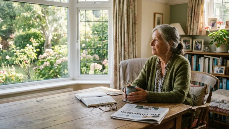 A senior woman sits at a wooden table holding a mug and gazing out a bay window beside a newspaper and open notebook.