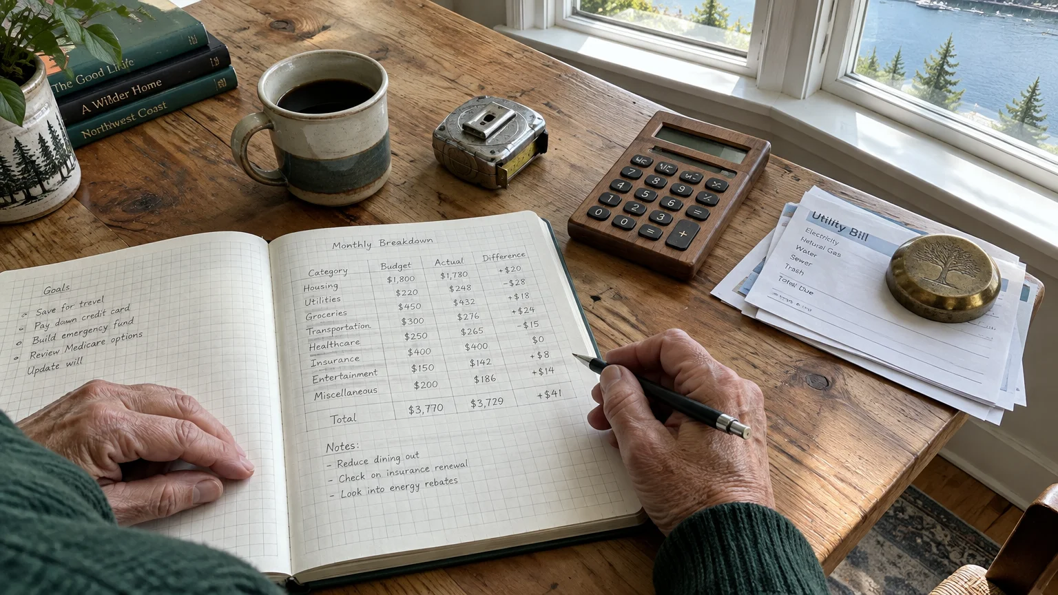 Hands writing in a handwritten monthly budget notebook next to a wooden calculator, bills, and a coffee mug.