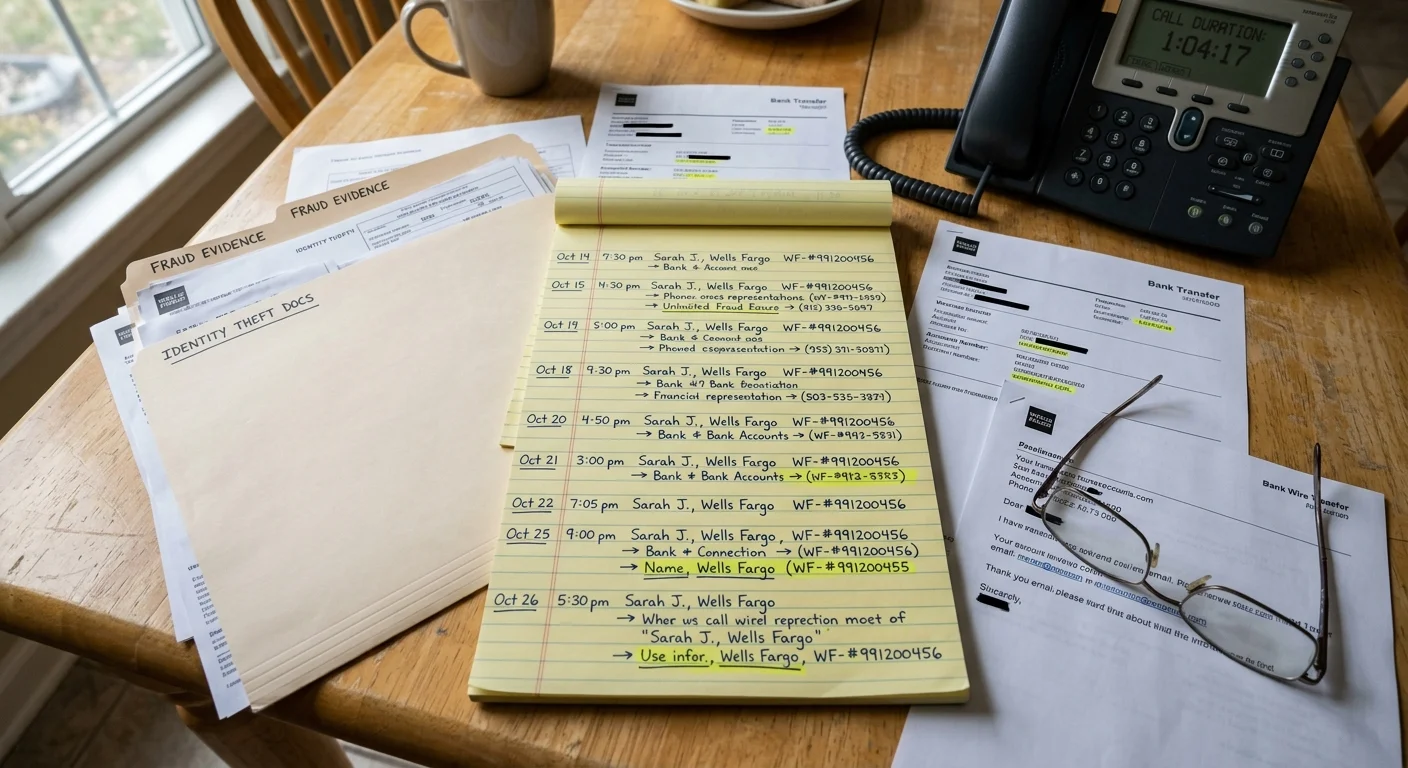A yellow legal pad with handwritten call logs sits on a table beside folders labeled fraud evidence, papers, and a phone.
