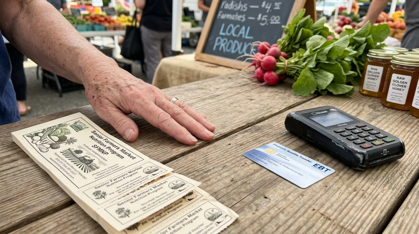Paper SFMNP vouchers beside an electronic benefit transfer card and payment terminal on a wooden farmers market table.