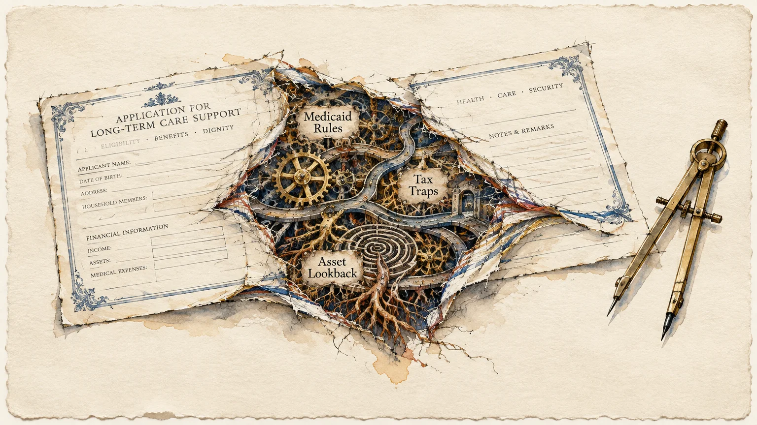 Torn healthcare form revealing gears, a maze, and Medicaid labels, beside a brass drafting compass on parchment paper.