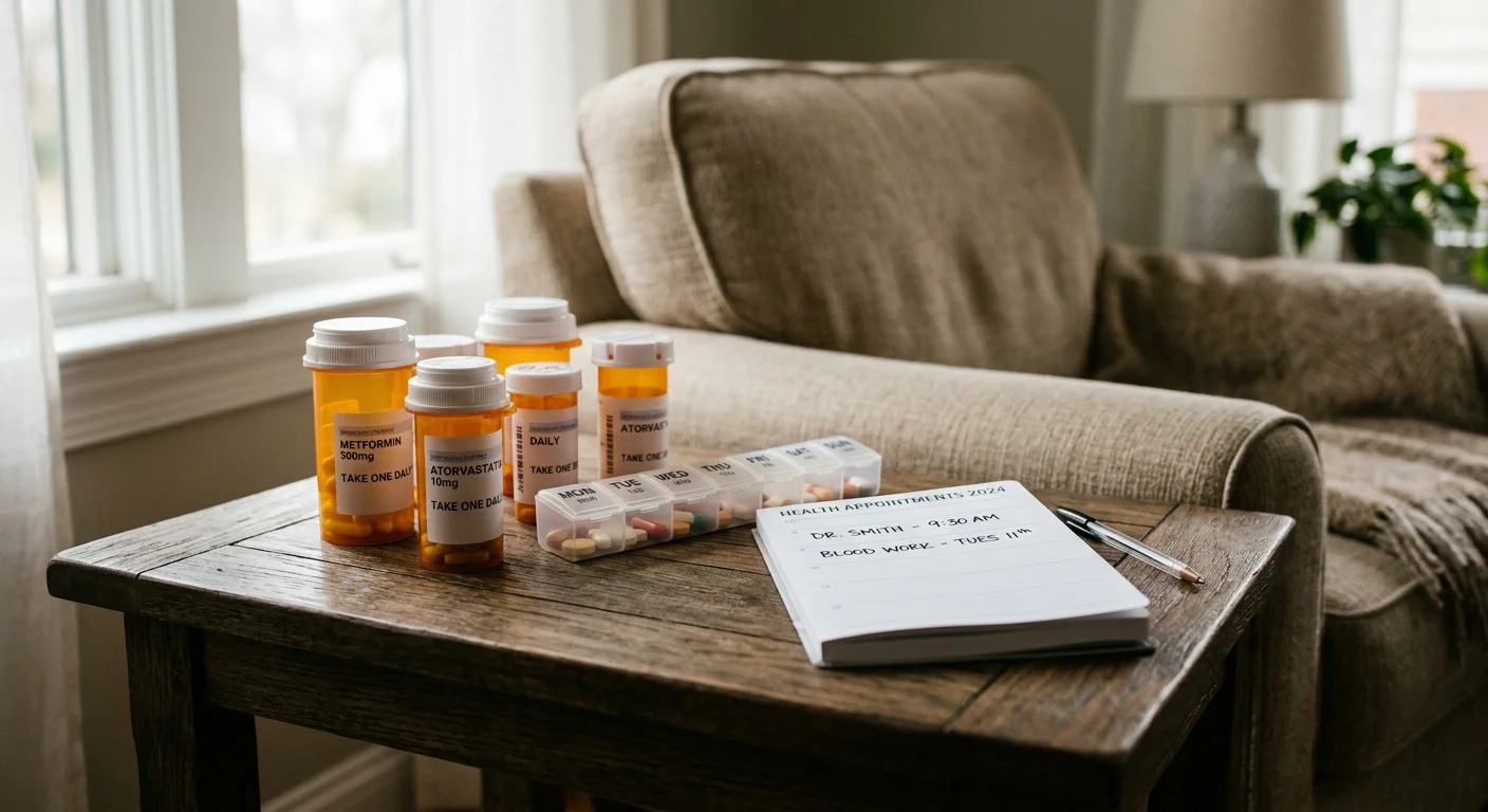 Prescription pill bottles, a weekly pill organizer, and an appointment notebook on a wooden side table next to an armchair.